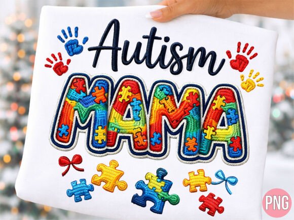 Autism Mama Embroidery Style T-Shirt PNG
