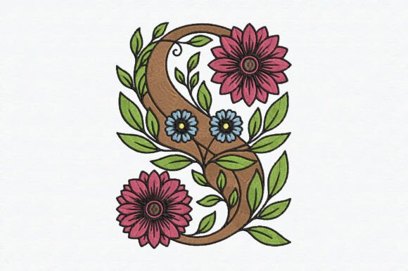 S Floral Alphabet Embroidery Design